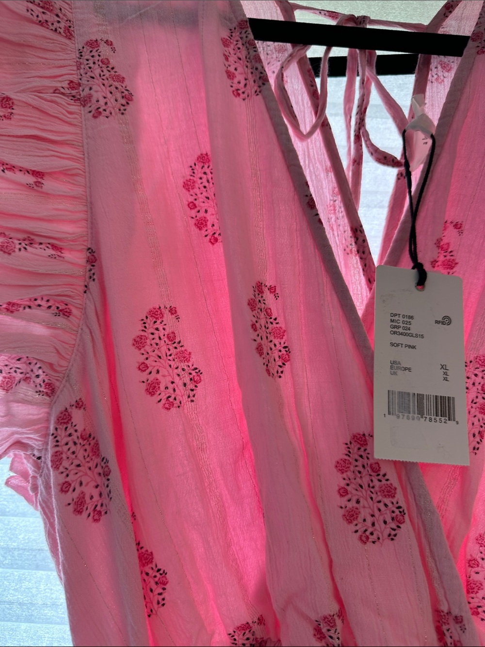 Pink Printed Maxi Dress with Ruffle Sleeves and Waist Tie - Picture 2 of 7